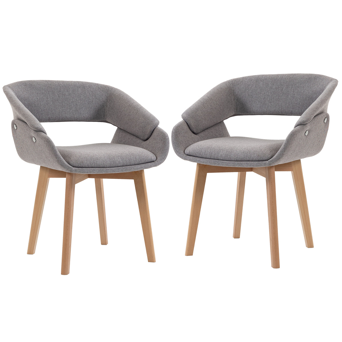 Lot de 2 Chaises Salle à Manger, Chaises de Cuisine en Tissu Effet Lin, Dossier Incurvé, Pieds en Bois de Hêtre, Gris-0