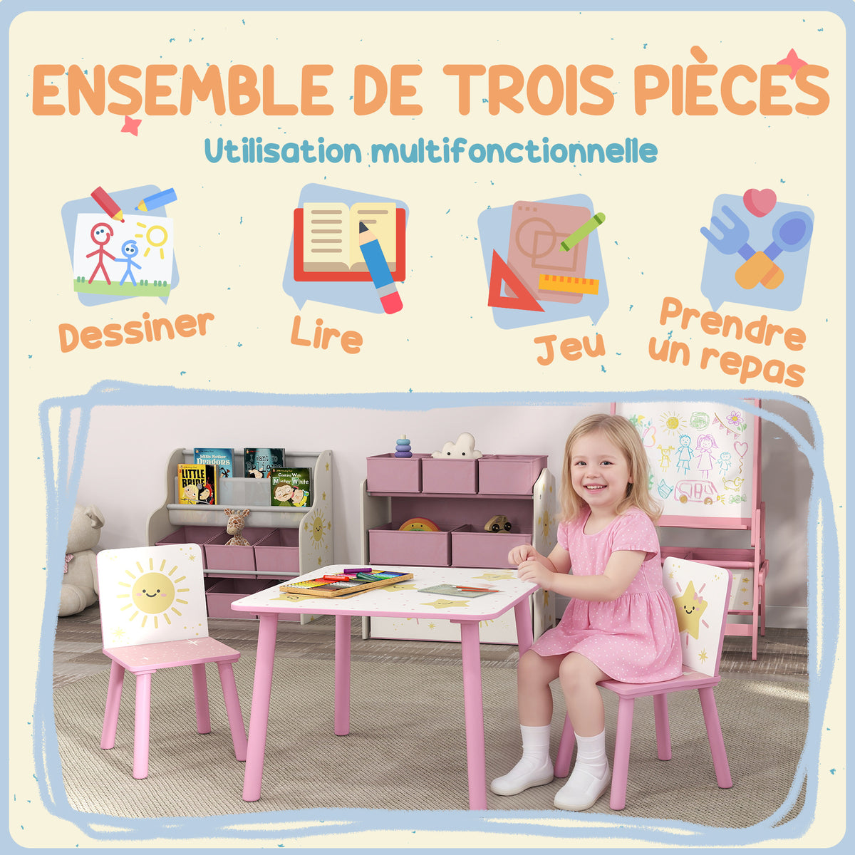 Table enfant avec chaise, ensemble table et 2 chaises enfant en bois, motifs d'étoile, 60 x 60 x 44 cm, rose-3