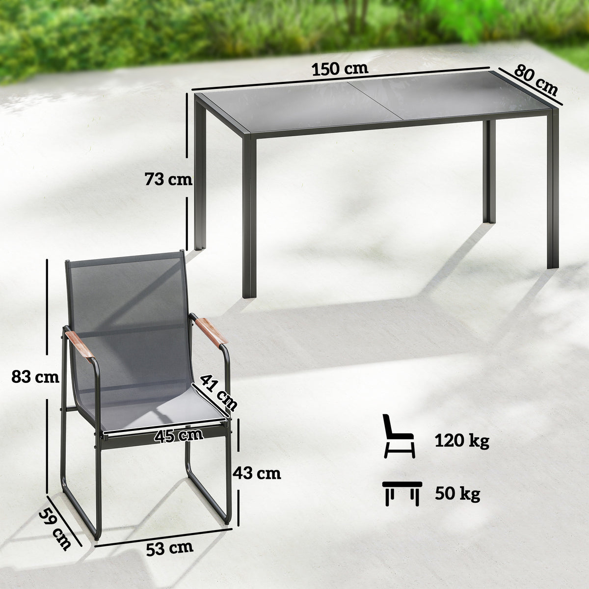 Ensemble de Salle à Manger d'Extérieur 7 Pièces pour 6 Personnes, Table en Verre et Chaises en Maille avec Accoudoirs Décoratifs, Gris-2