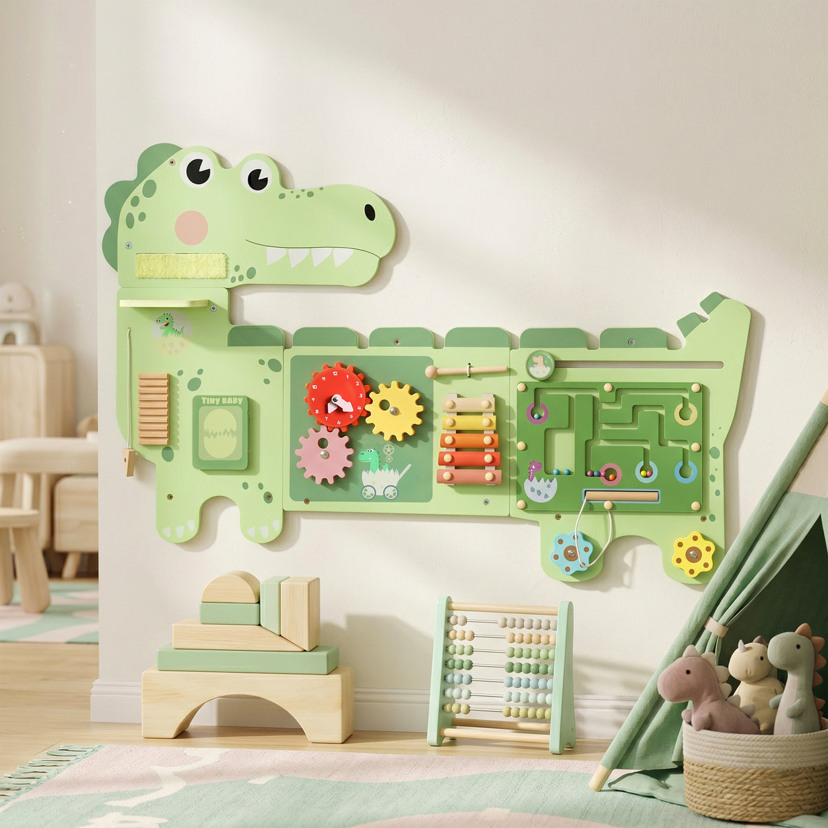 Busy Board Jouet, Tableau d'Activités Murale Dinosaure, Planche Motricité Bébé Educatif pour Garcon Fille 2+ Ans, Vert-1