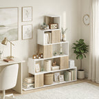 Étagère de rangement, bibliothèque géométrique à 5 niveaux, pour bureau, salon, chambre, blanc et bois naturel-9