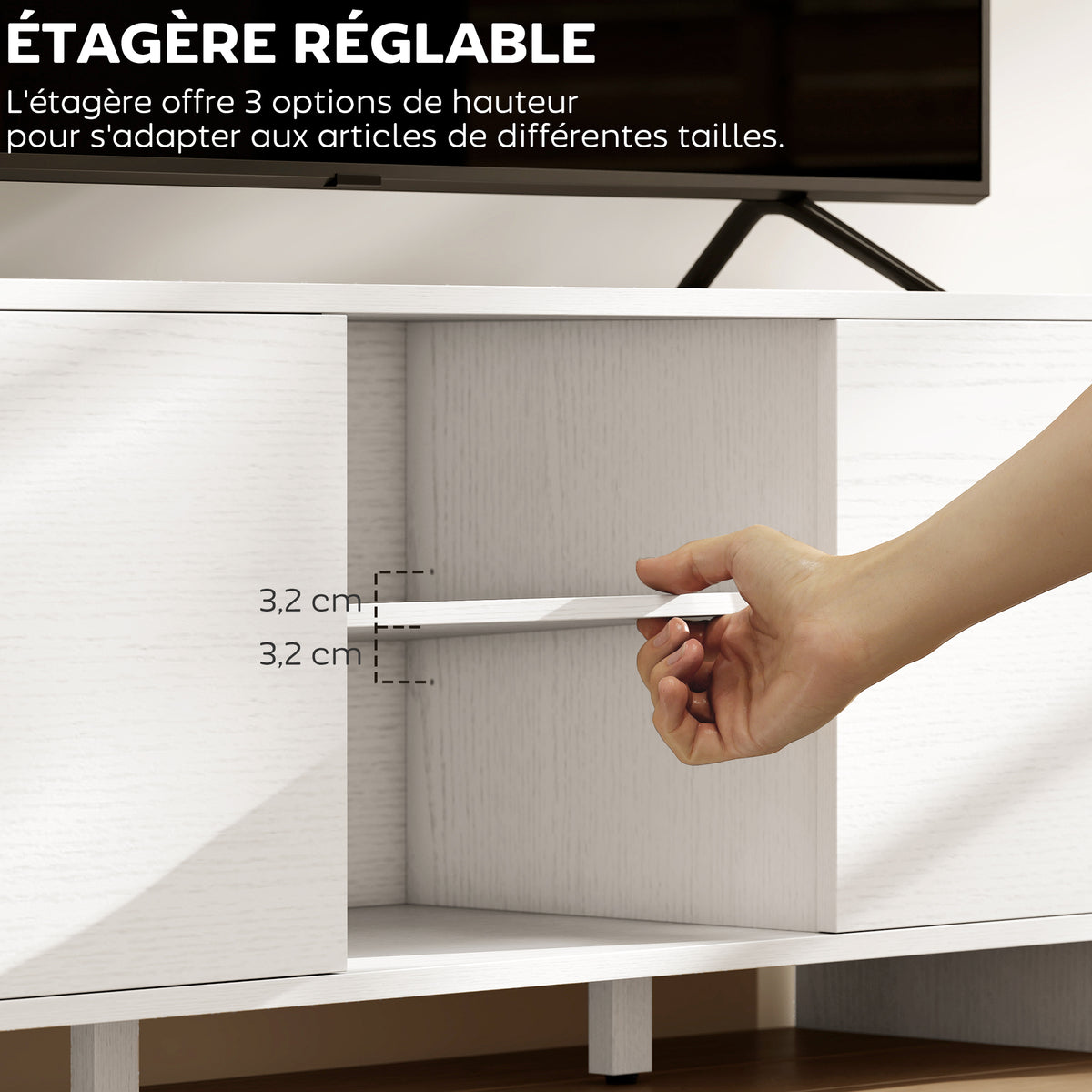 Meuble TV meuble télé pour téléviseur jusqu'à 55 pouces 2 portes 2 compartiments étagère réglable 110x35x45cm blanc-5
