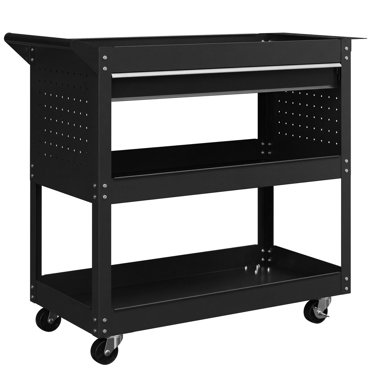 Chariot d'atelier servante atelier à 3 niveaux avec tiroir, porte-outils latéral et poignée, 82x35x76 cm, noir-0