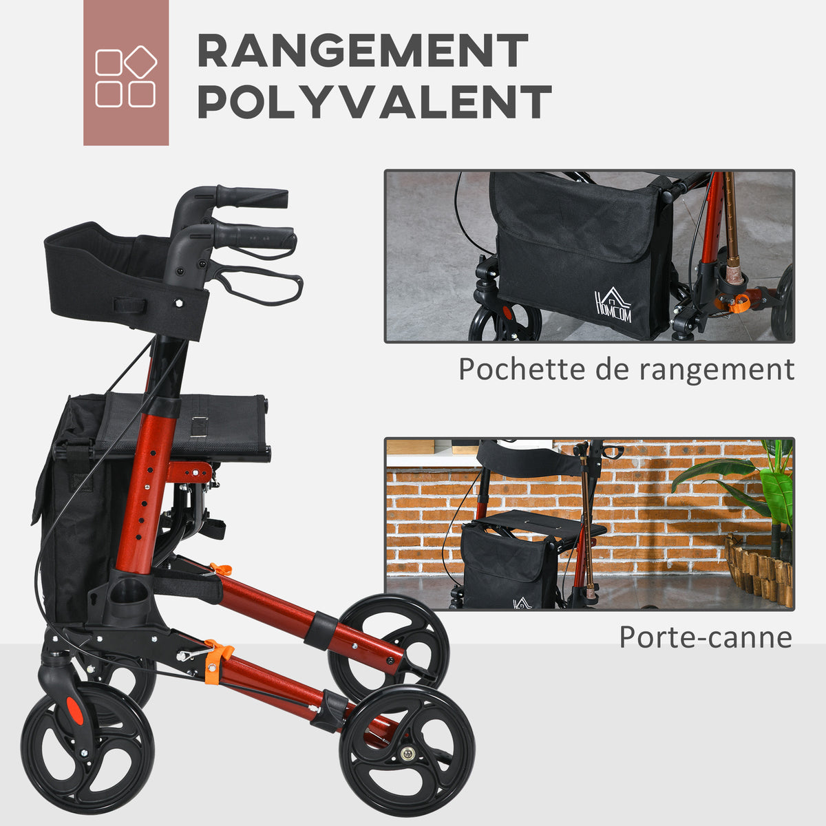 Déambulateur 4 Roues Pliable en Aluminium, Hauteur Réglable 6 Positions, Freins Doubles, Rangement, 64x67x92cm, Rouge-4