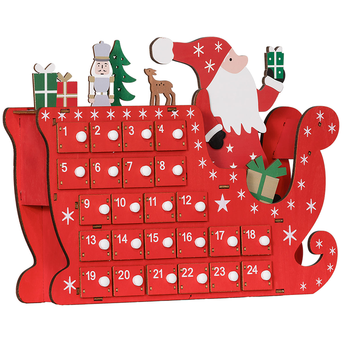 Calendrier de l'Avent à remplir en bois, décoration de Noël avec 24 tiroirs, Père Noël et traîneau, 22,5x8x36cm, rouge-0