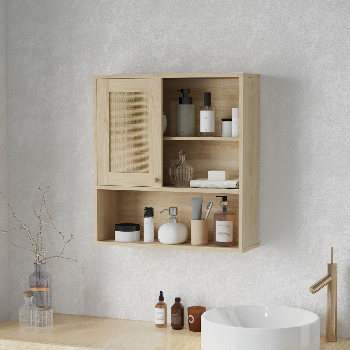 Armoire murale, meuble haut salle de bain avec porte coulissante en rotin et étagères ouvertes, bois naturel-1