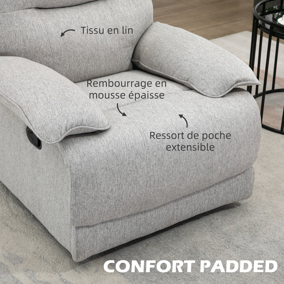 Fauteuil de relaxation inclinable manuellement avec repose-pied ajustable tissu aspect lin gris clair-4