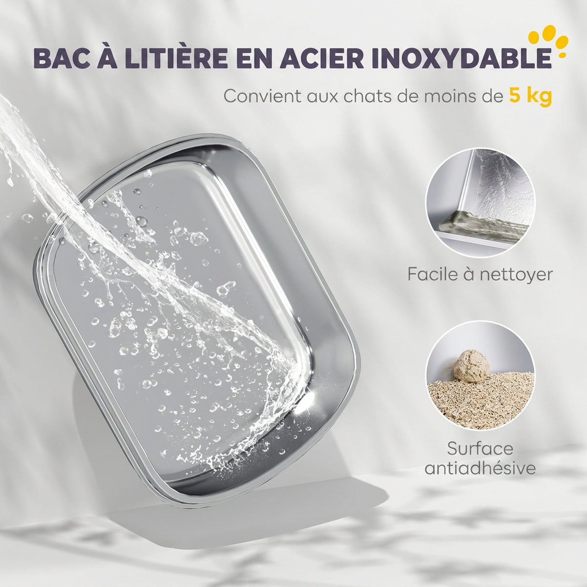 Bac à Litière Fermé en Inox, Couvercle Amovible, Entrée Frontale et Sortie Supérieure, Pelle, 52,4x41,3x39,8cm, Blanc-3