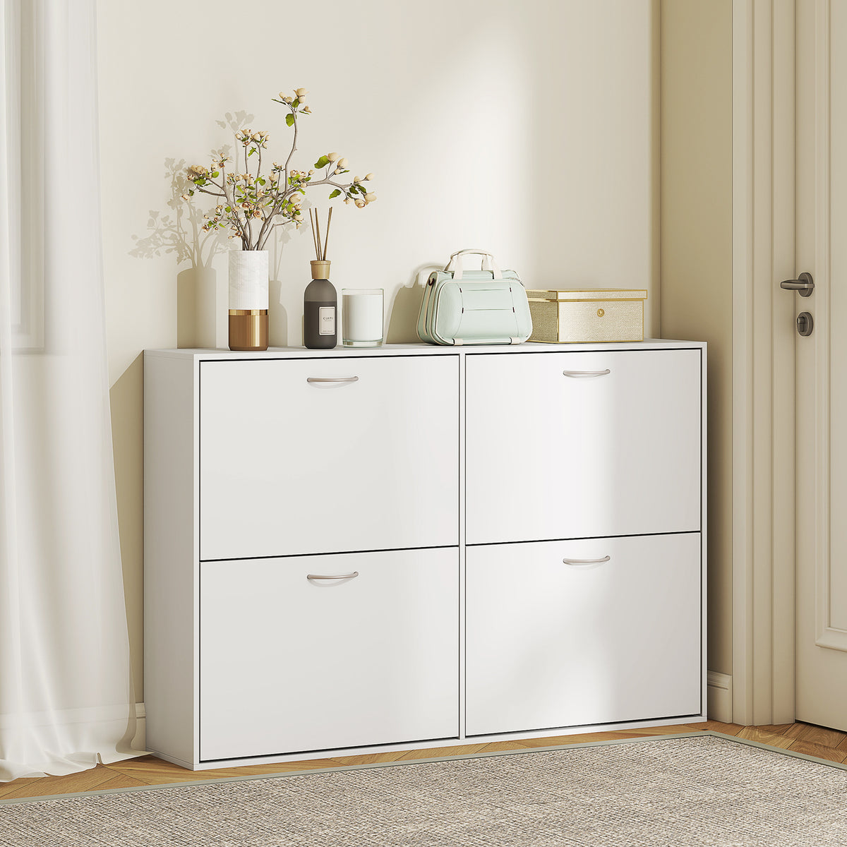 Armoire à Chaussures Meuble à Chaussures Grande Taille dim. 120L x 24l x 81H cm 4 Portes abattantes Double Niveau en Bois Blanc-7