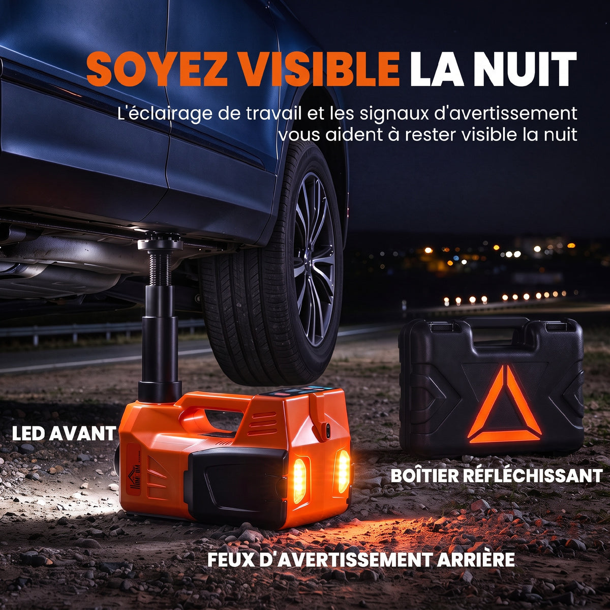 Cric Hydraulique Électrique 5T, 12V, 143-450 mm, Lumière LED, Pompe Gonflable, Allume-Cigare, 34,3x25,5x17,3cm, Orange-6