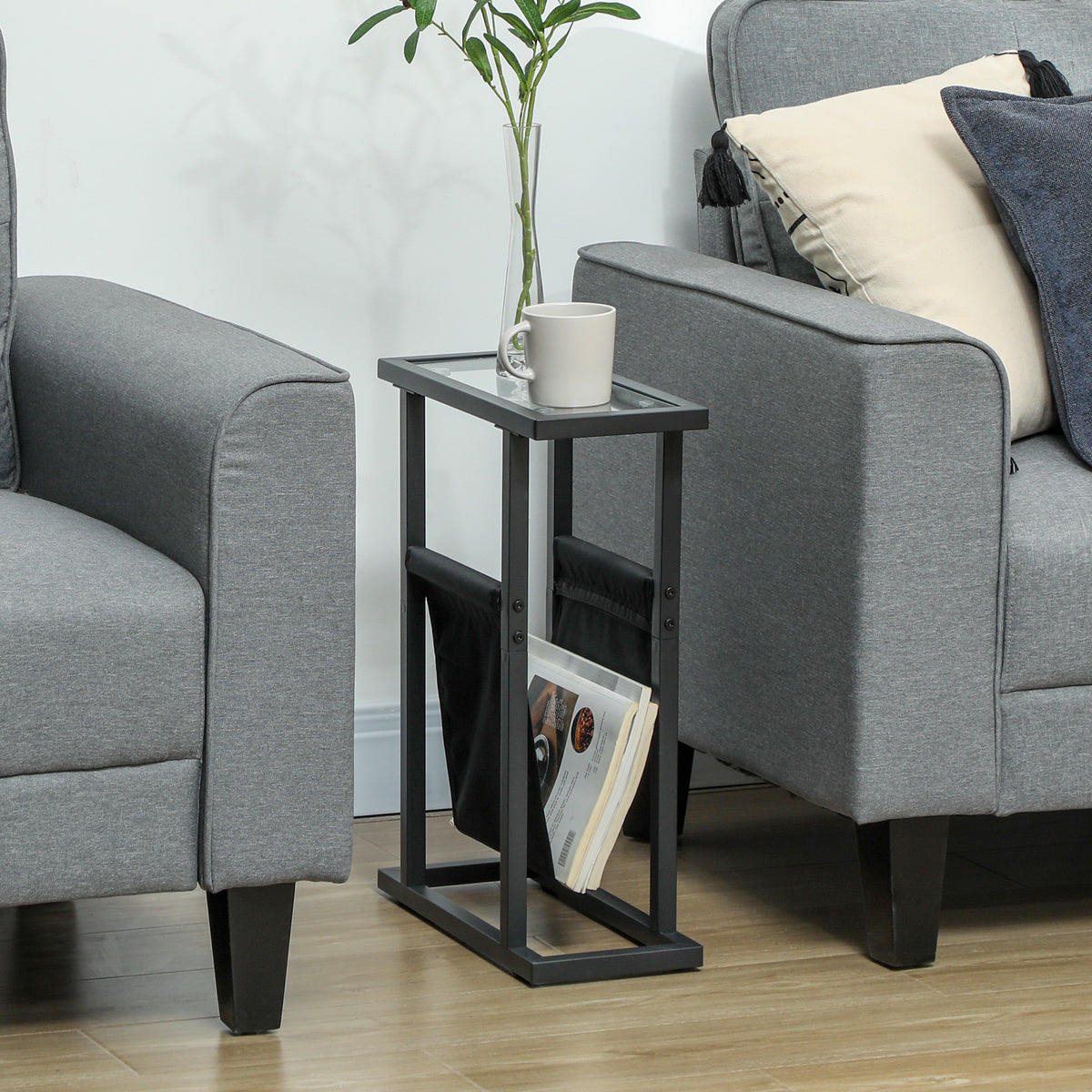 Table d'appoint étroite, bout de canapé en métal avec porte-revues et plateau en verre trempé, 40 x 18 x 55,5 cm, noir-9