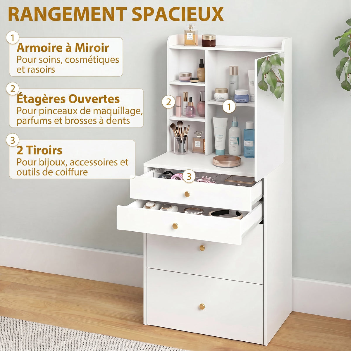 Coiffeuse avec miroir et tabouret de rangement mobile, table de maquillage, tiroirs, placard et étagères ouvertes, blanc-4