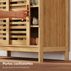 Meuble à chaussures en bambou 16 paires, armoire à chaussures, 2 portes coulissantes, étagères réglables, bois naturel-5