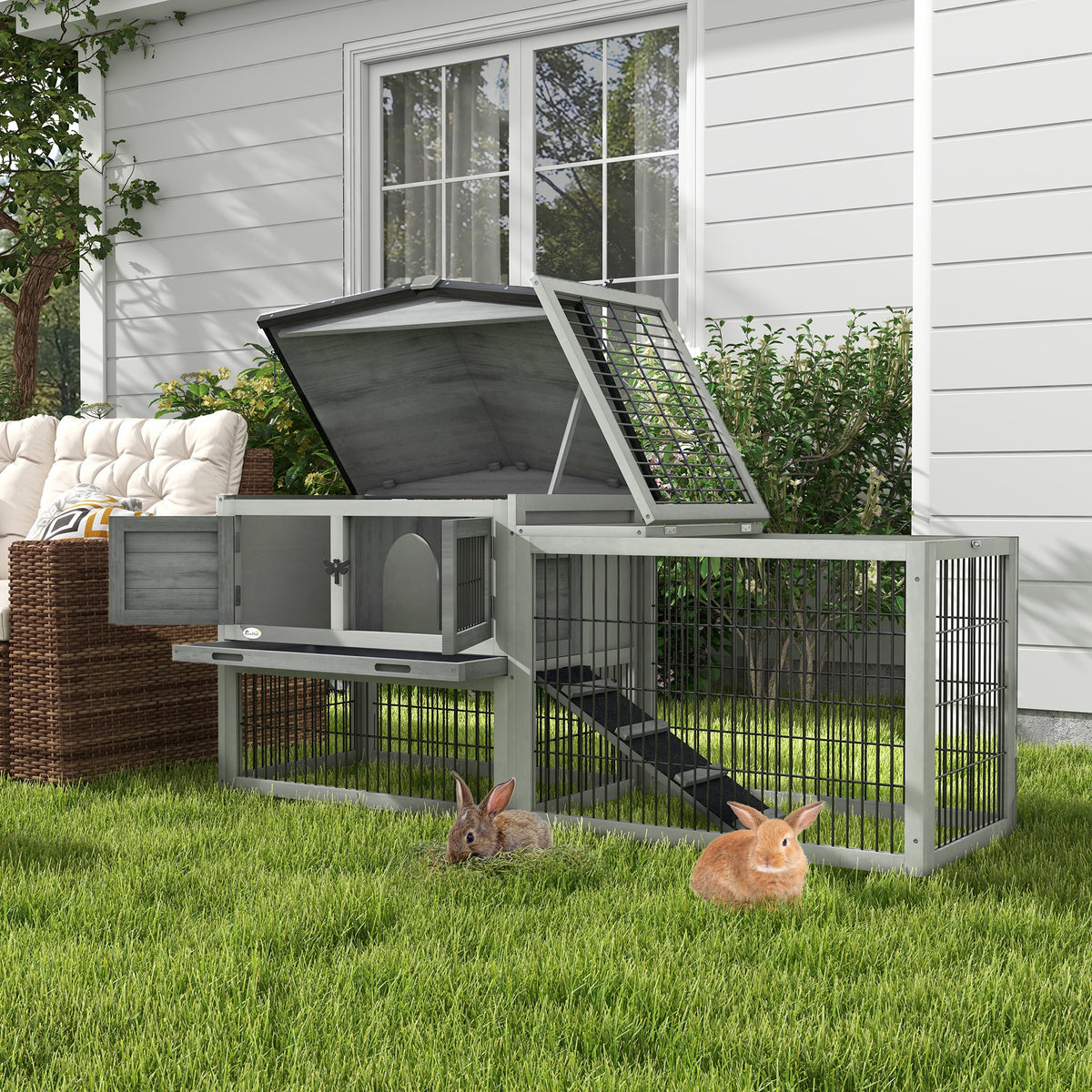 Clapier de sol cage à lapin cottage niche supérieure avec rampe enclos extérieur 150 x 52 x 68 cm gris-1