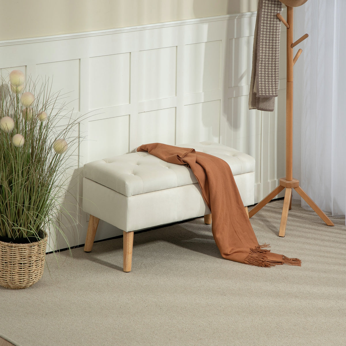Banc de rangement coffre de rangement tissu effet velours pieds en bois charge max. 120 kg 80 x 35 x 42 cm, crème-9