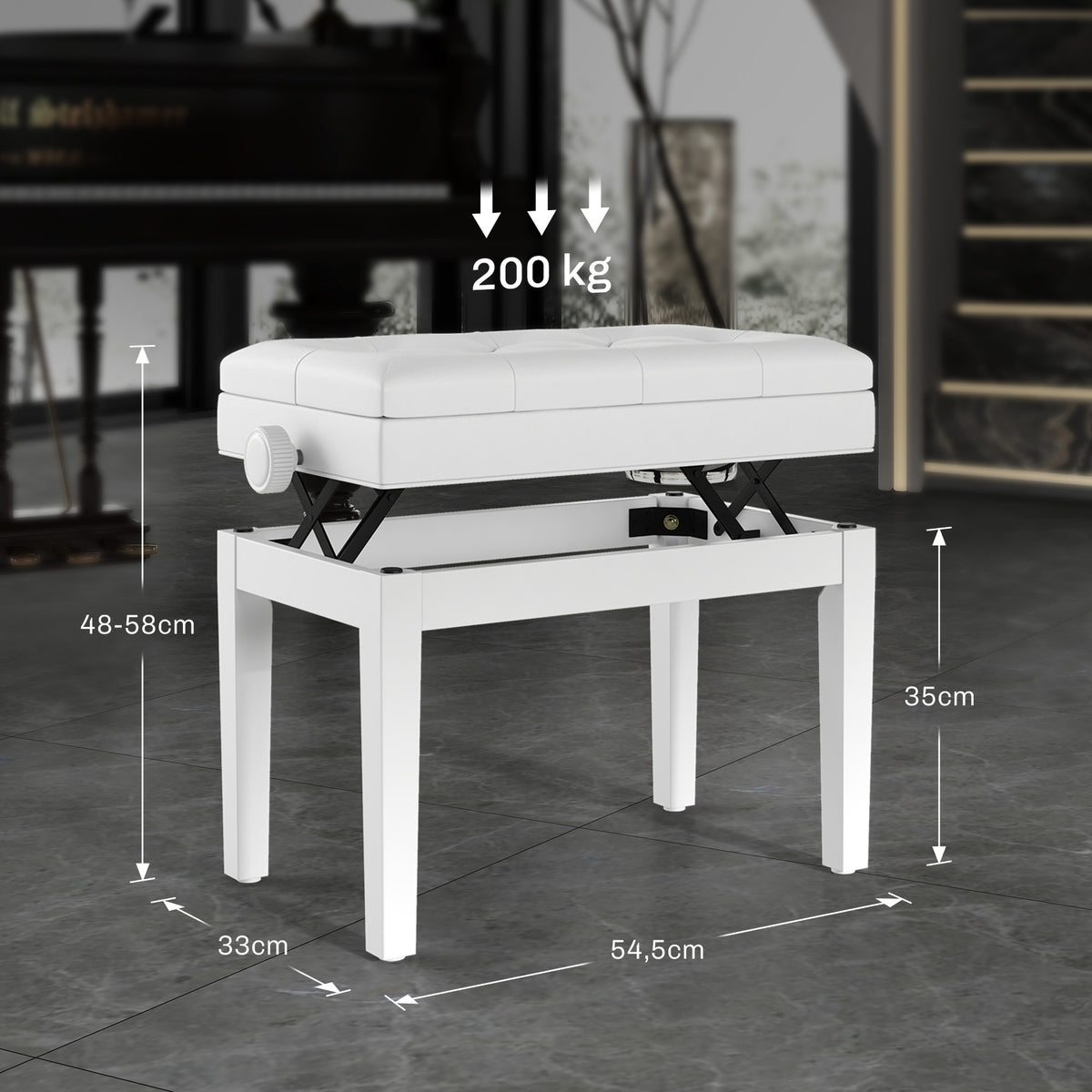 Banc de piano, banc de clavier réglable en hauteur en bois massif, compartiment de rangement, 55 x 33 x 48-58 cm blanc-2