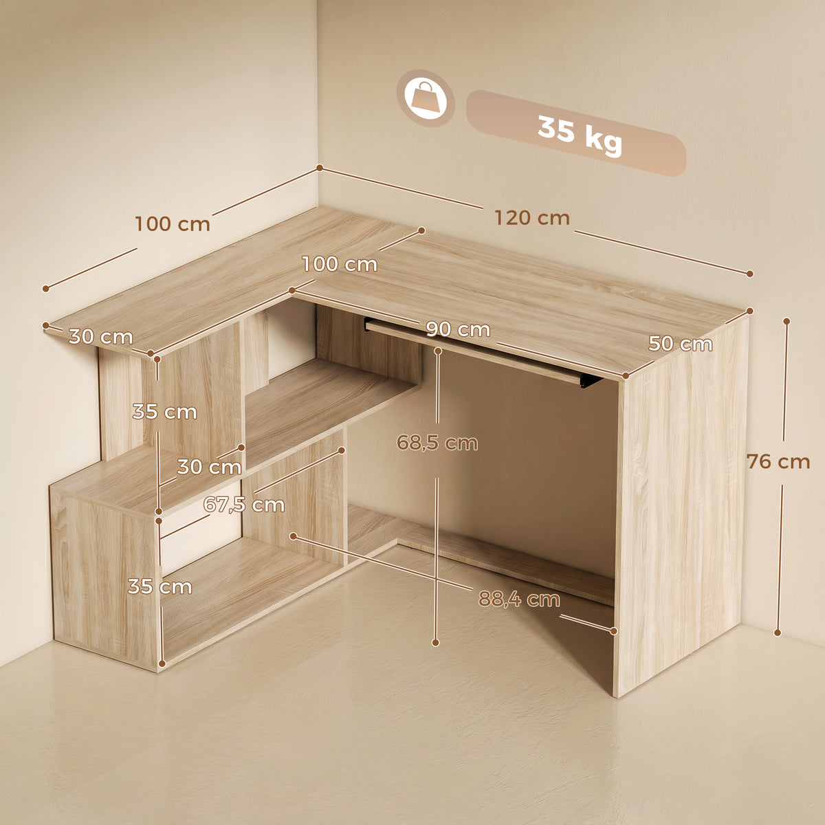 Bureau d'Angle, 120 x 100 x 76 cm, Bureau Informatique en L avec Plateau de Clavier, 4 Compartiments Ouverts, Naturel-2