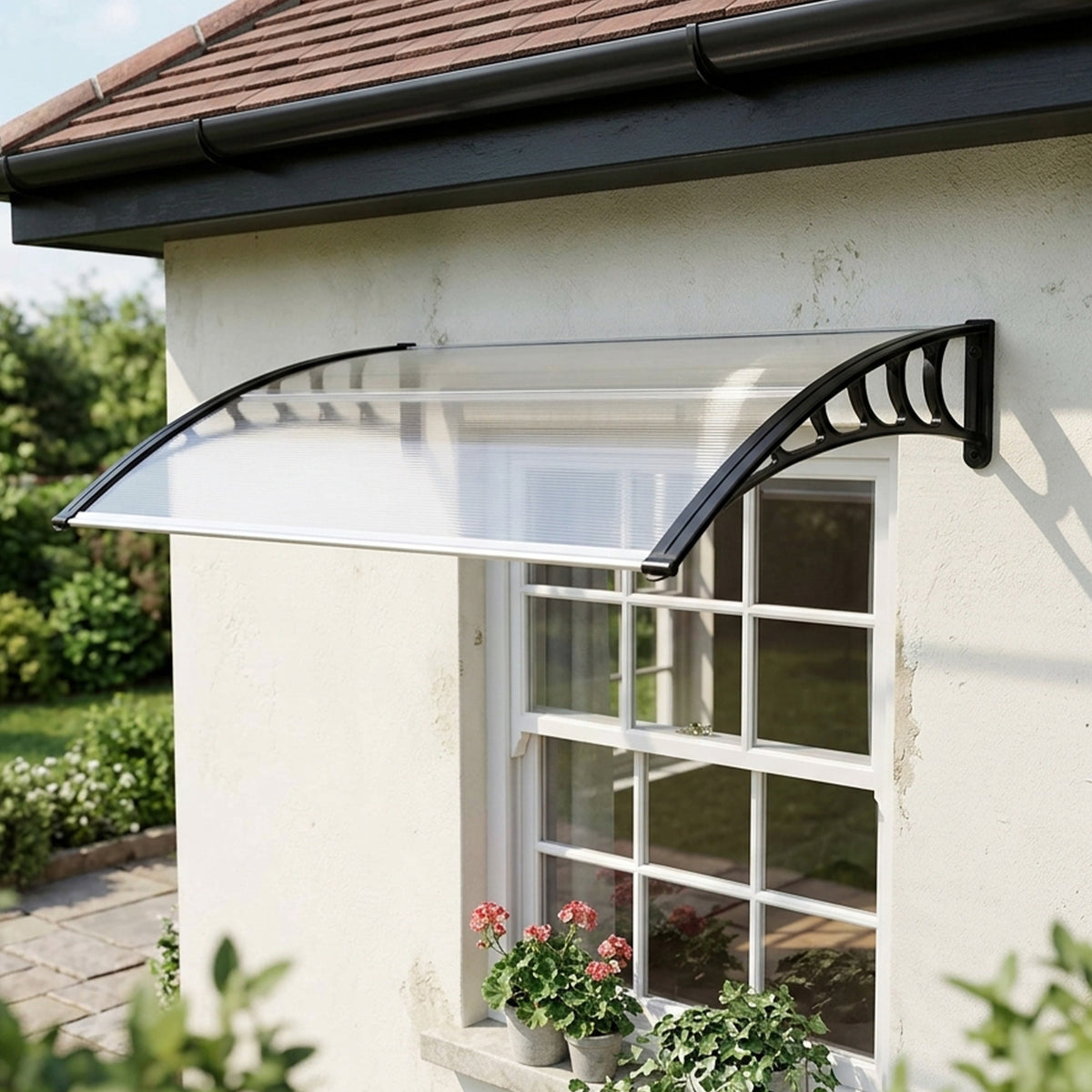 Auvent de porte d'entrée toit marquise en polycarbonate protection contre pluie neige UV 90 x 122 cm, transparente-1