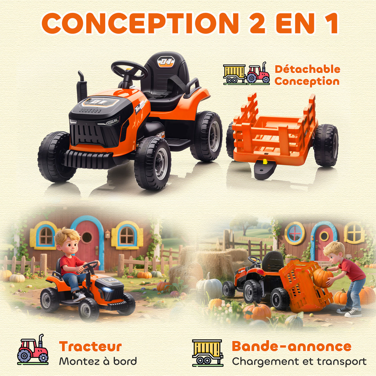 Tracteur électrique enfants avec remorque amovible, voiture électrique enfants, télécommande 2,4G, 139x58x55cm, orange-4