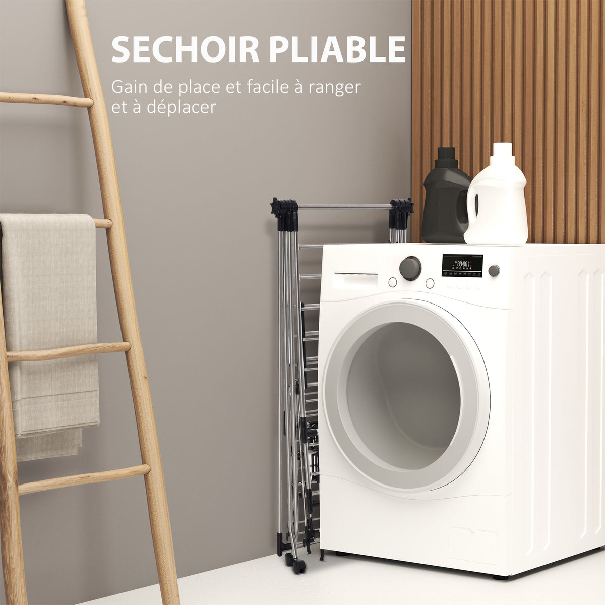 Séchoir à linge étendoir pliable avec roulettes grand espace d'étendage acier inoxydable 138,5 x 63 x 208 cm-4