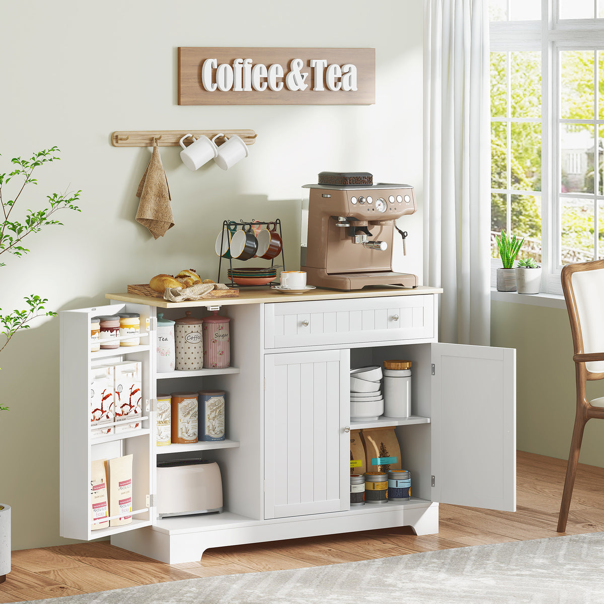 Buffet cuisine, meuble de rangement avec 3 portes, tiroir, étagères de porte et étagère réglable, 105x40x83cm, blanc-1