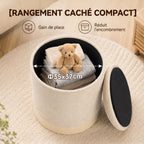 Pouf coffre rangement, tabouret rond en chenille, pouf repose-pieds avec base en métal effet bois, beige-5