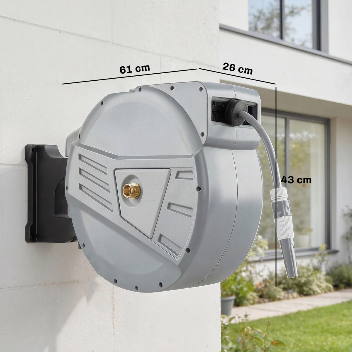 Enrouleur Tuyau Arrosage Mural 40+2 m x Ø 15mm, Dévidoir de Tuyaux d'Eau Rétractable Automatique Pivotant à 180°, Gris-2