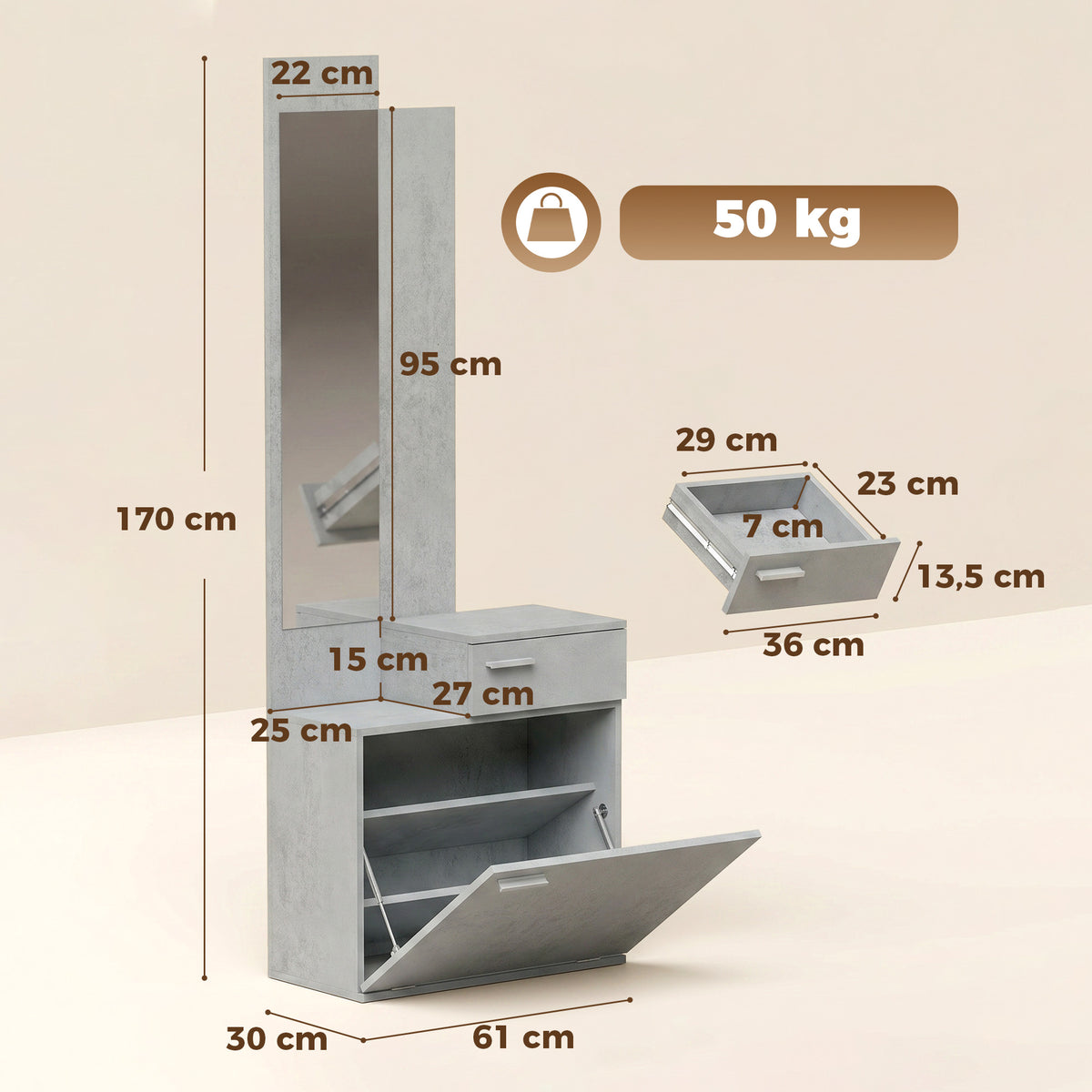 Ensemble meuble d'entrée avec meuble à chaussures abattant, vestiaire avec miroir, tiroir et plateau, gris-2