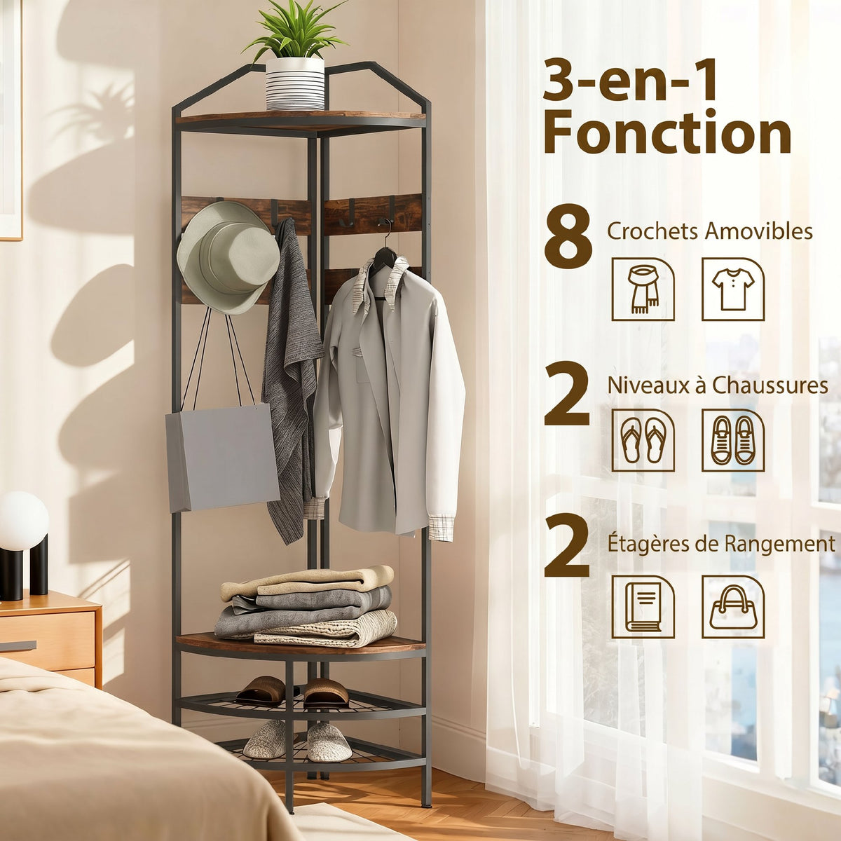 Meuble d'entrée d'angle, vestiaire à 4 niveaux, rangement pour chaussures, 8 patères mobiles, 2 étagères, brun rustique-3