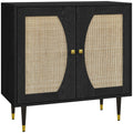 Buffet de cuisine meuble de rangement design bohème double portes avec 2 niveaux, façade en rotin 80 x 38 x 79 cm noir-0