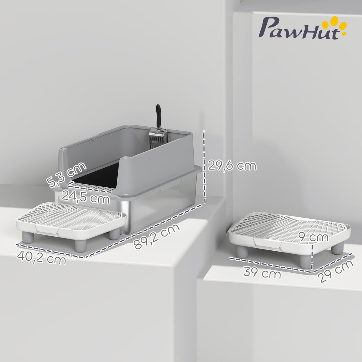 Bac à Litière XL en Acier Inoxydable, Parois Latérales Hautes, Pédale et Tapis Filtrants, Pelle, 60,2x40,2x29,6cm, Gris-2