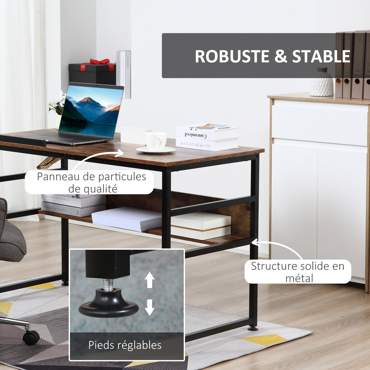 Table à dessin inclinable bureau informatique design industriel - plateau relevable, étagère - panneaux particules aspect vieux bois métal noir-4