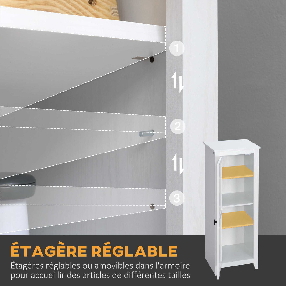 Armoire de Rangement sur Pieds buffet cuisine meuble de rangement pour Salle de bain Gain de Place Style Classique avec 2 étagères réglables- Hauteur 120 cm en Bois Blanc-4