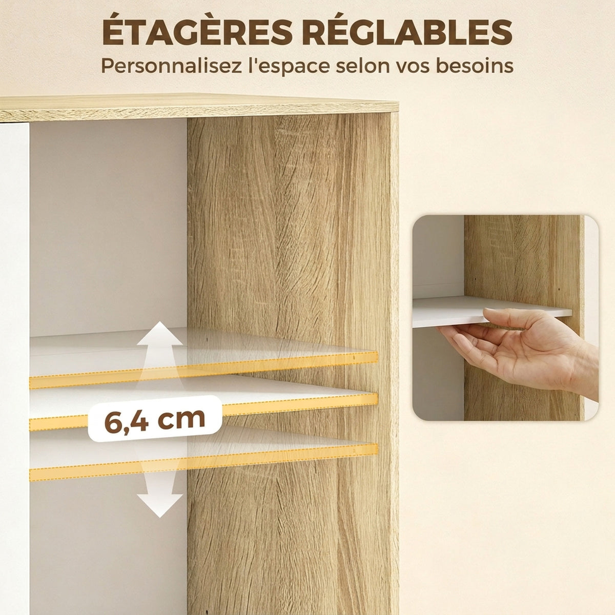 Armoire Chambre Penderie, 2 Portes Coulissantes, 4 Tiroirs, Barre de Suspension, Étagères Réglables, Chêne et Blanc-5