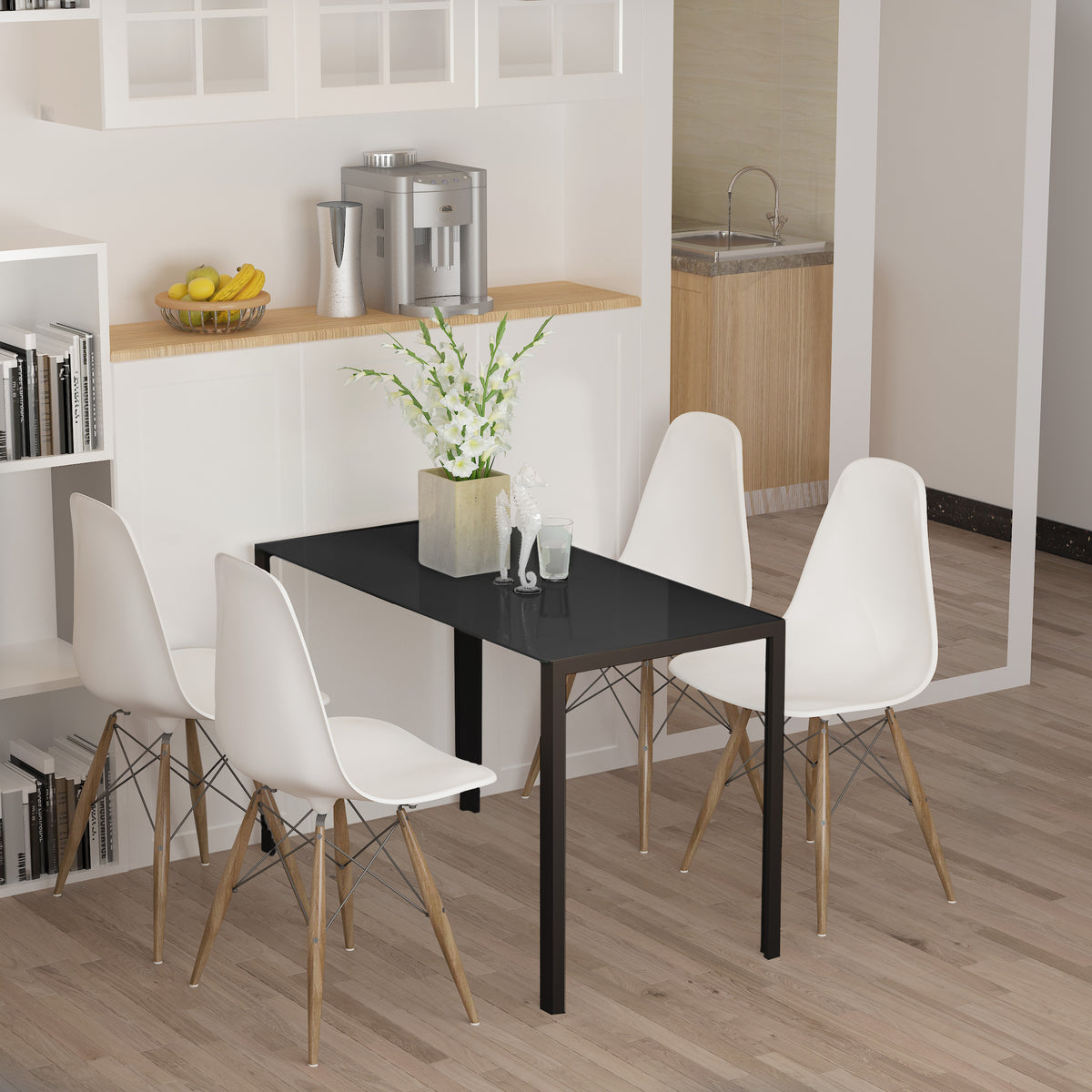 Table à manger pour 4 personnes, table de cuisine avec plateau en verre trempé et pieds en métal, 120x60x75cm, noir-9
