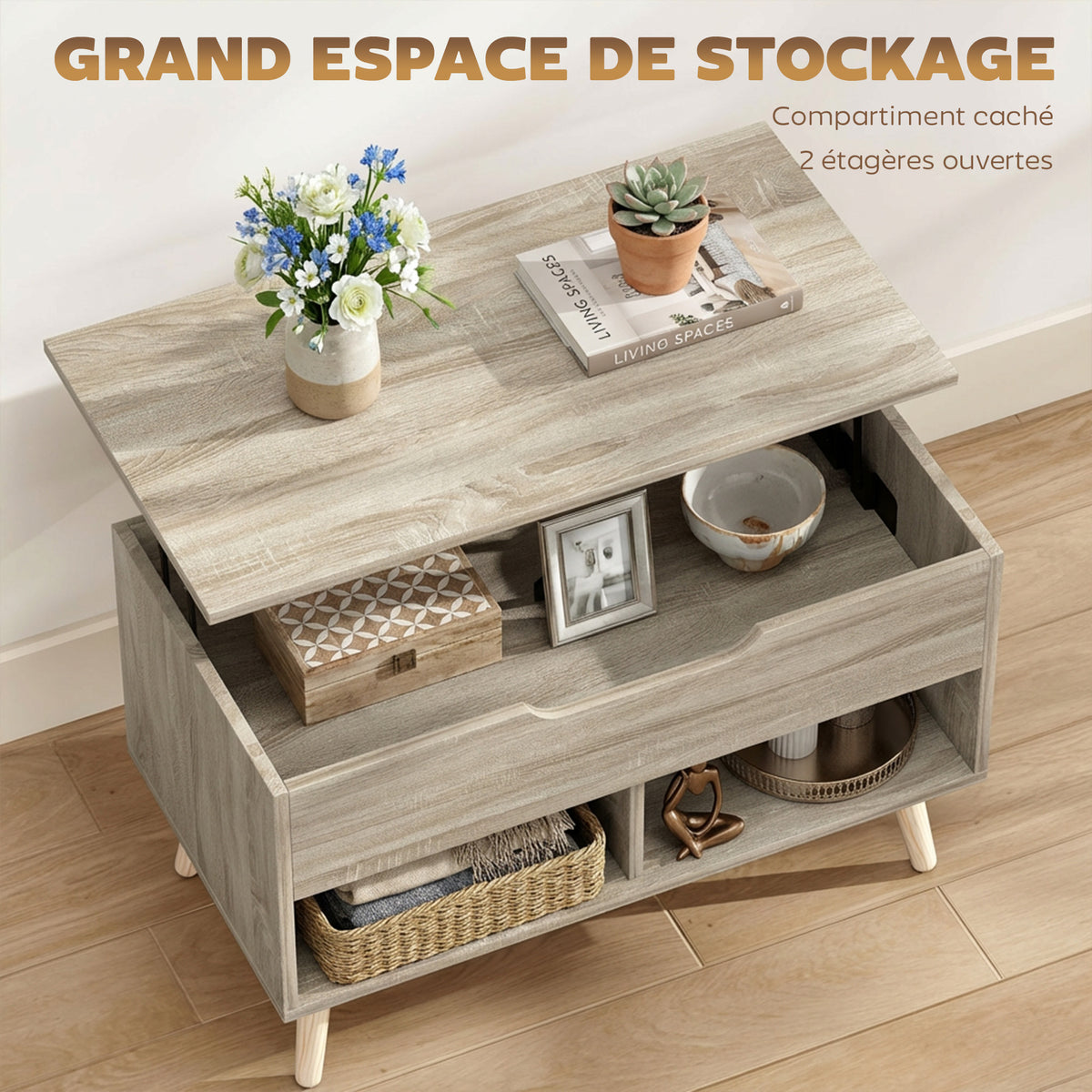 Table basse relevable, table de salon avec compartiment caché et étagères ouvertes, 75 x 40 x 58 cm, bois naturel-4