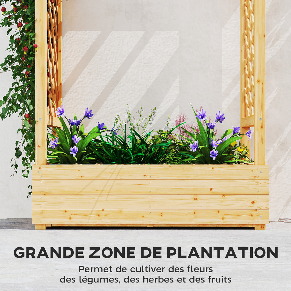 Jardinière surélevée avec treillis latéral et supérieur, bac à fleurs trous de drainage, 110x44x113cm, bois naturel-3