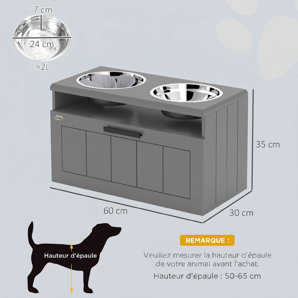 Gamelle Chien Surélevée avec Bols Anti-Glouton & Eau en Acier Inoxydable, Tiroir de Rangement, 60x30x35cm, Gris-2