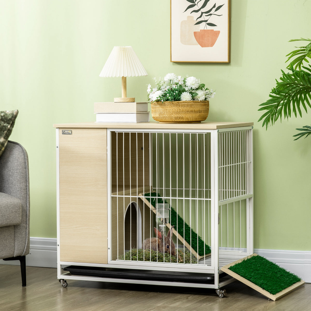 Cage à lapin clapier sur roulettes toit ouvrant plates-formes avec plateau amovible 78 x 52,5 x 76,5 cm naturel-9
