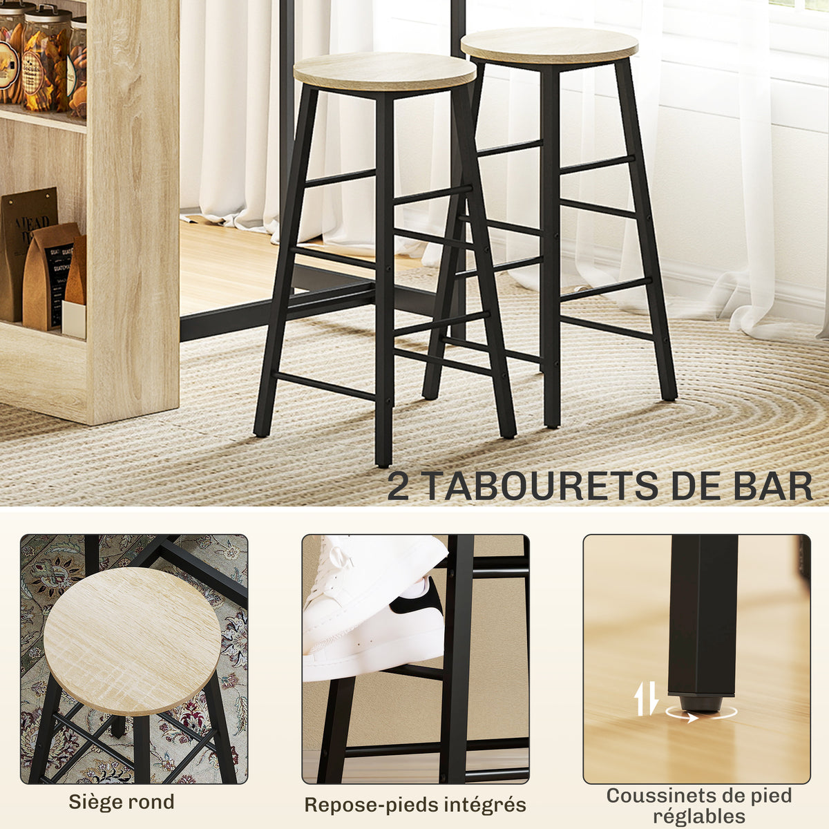 Ensemble table de bar avec tabourets, compartiments ouverts, étagère réglable et repose-pieds, chêne et noir-4