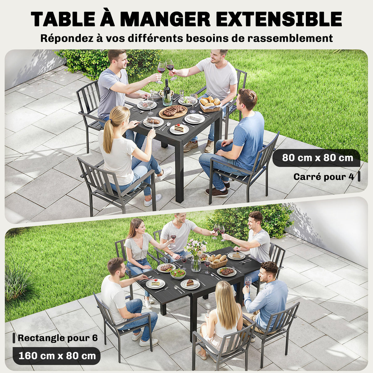 Table de jardin extensible table extérieur pour 4-6 personnes avec rallonge auto-stockée aluminium 80-160 x 80 cm noir-3