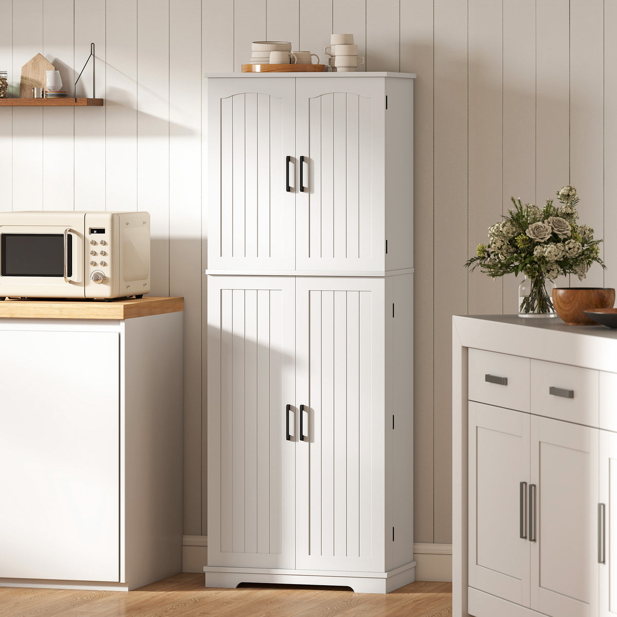 Buffet haut cuisine, armoire de cuisine, 4 portes, 10 niches, 8 porte-épices et étagères réglables, 60x35x162cm, blanc-8