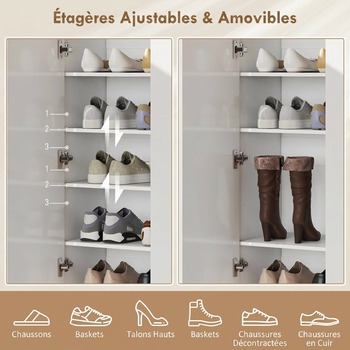 Meuble à chaussures 20 paires armoire à chaussures à haute brillance 5 niveaux étagères réglables 72x34x103cm blanc-3