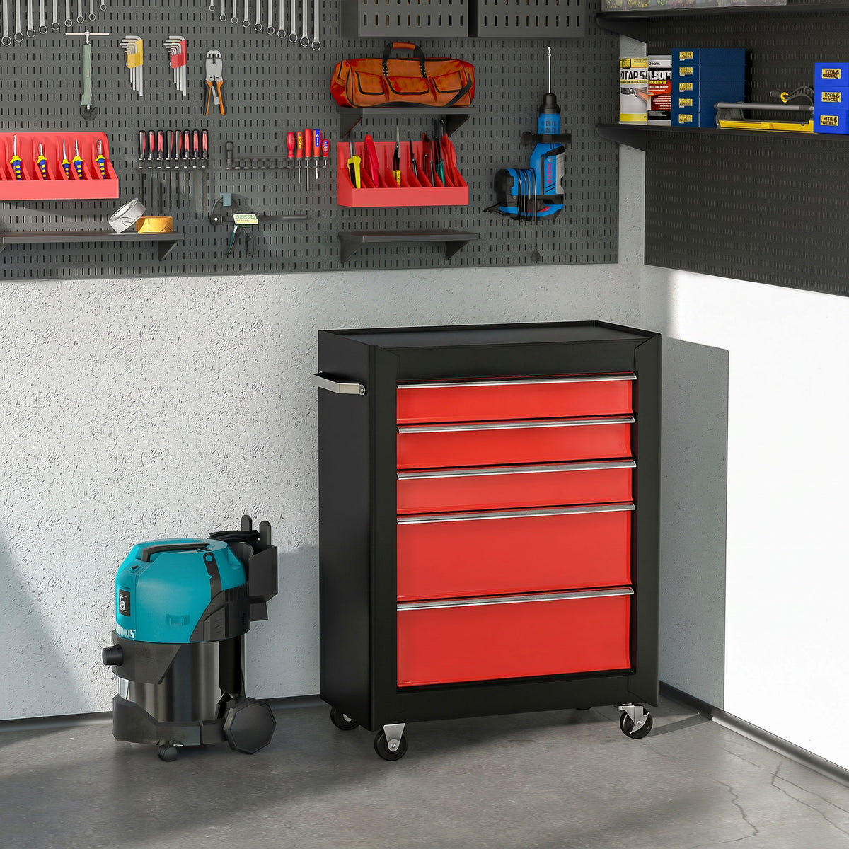 Chariot à outils sur roulettes, Servante d'atelier en acier 5 tiroirs verrouillable 2 clés, 61,5 x 33 x 82,5 cm, rouge-1