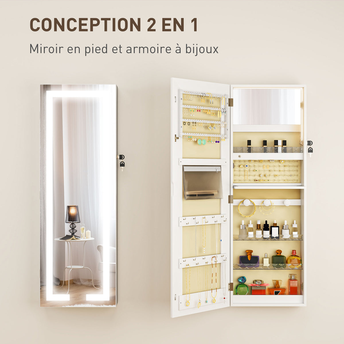 Armoire à bijoux avec LED, organisateur de bijoux mural/de porte verrouillable avec miroir, 37 x 10,5 x 108 cm, blanc-3