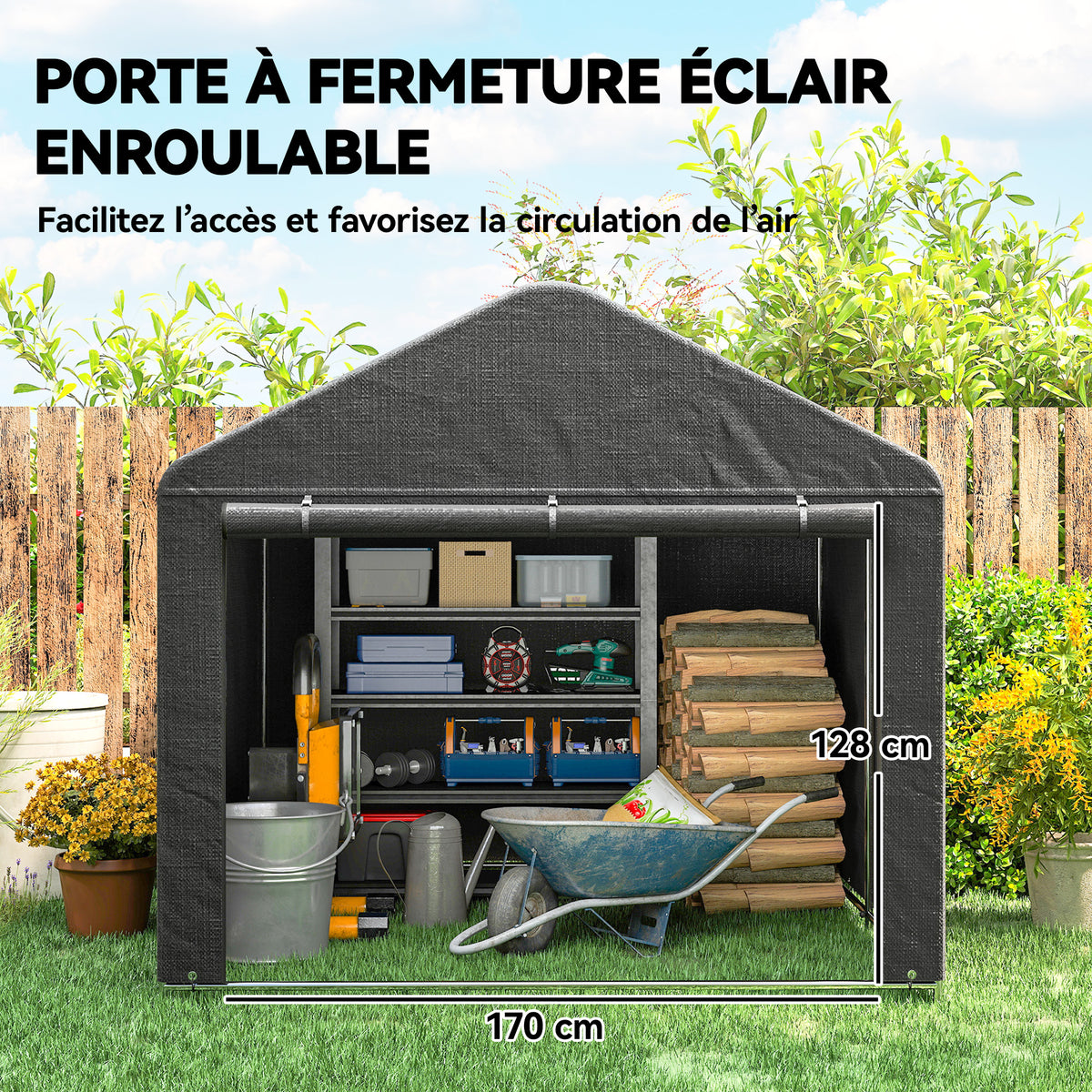 Abri de jardin tente de stockage imperméable abri porte enroulable fermeture éclair, 200 x 238 x 183 cm, gris foncé-4