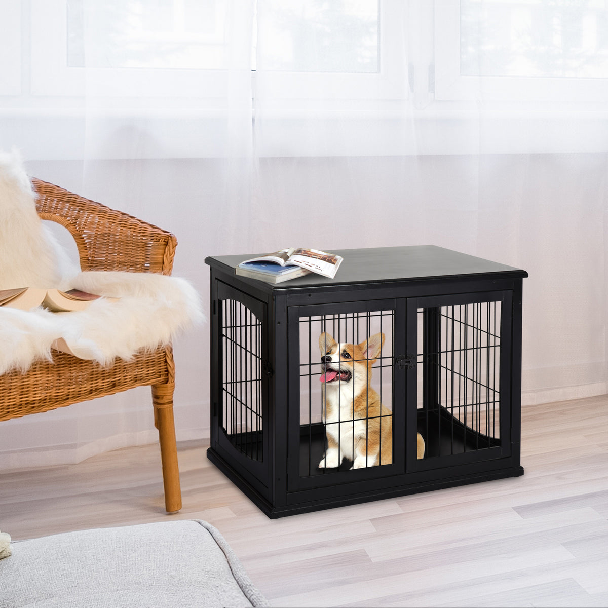 Cage pour chien animaux meuble cage chien intérieur en bois MDF classe E1 3 portes verrouillables max. 30 Kg dim. 81L x 58l x 66H cm noir-1