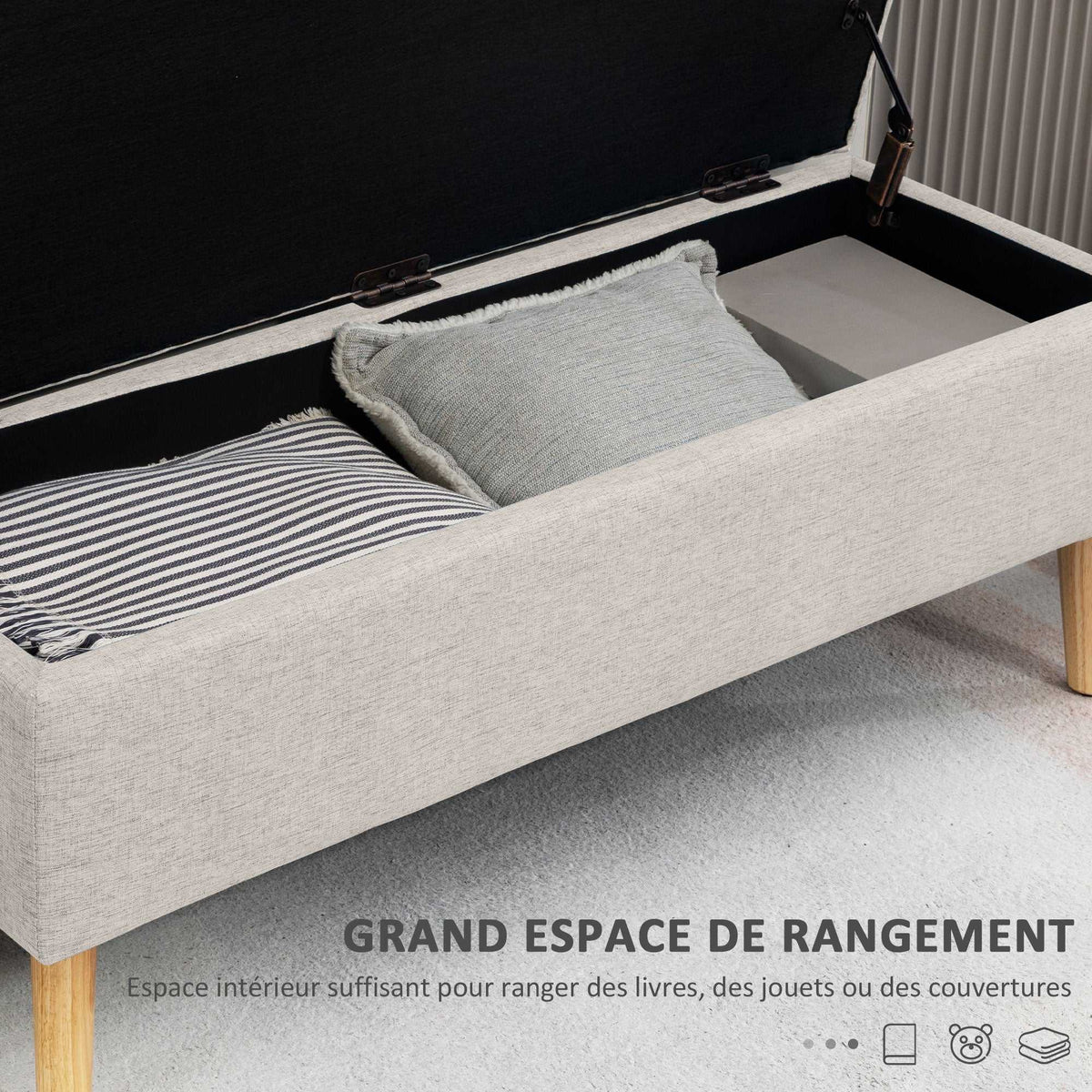 Banc coffre rangement rembourré aspect lin pour chambre à coucher, entrée, salon, charge 220 Kg, 110 x 39 x 45 cm, beige-3