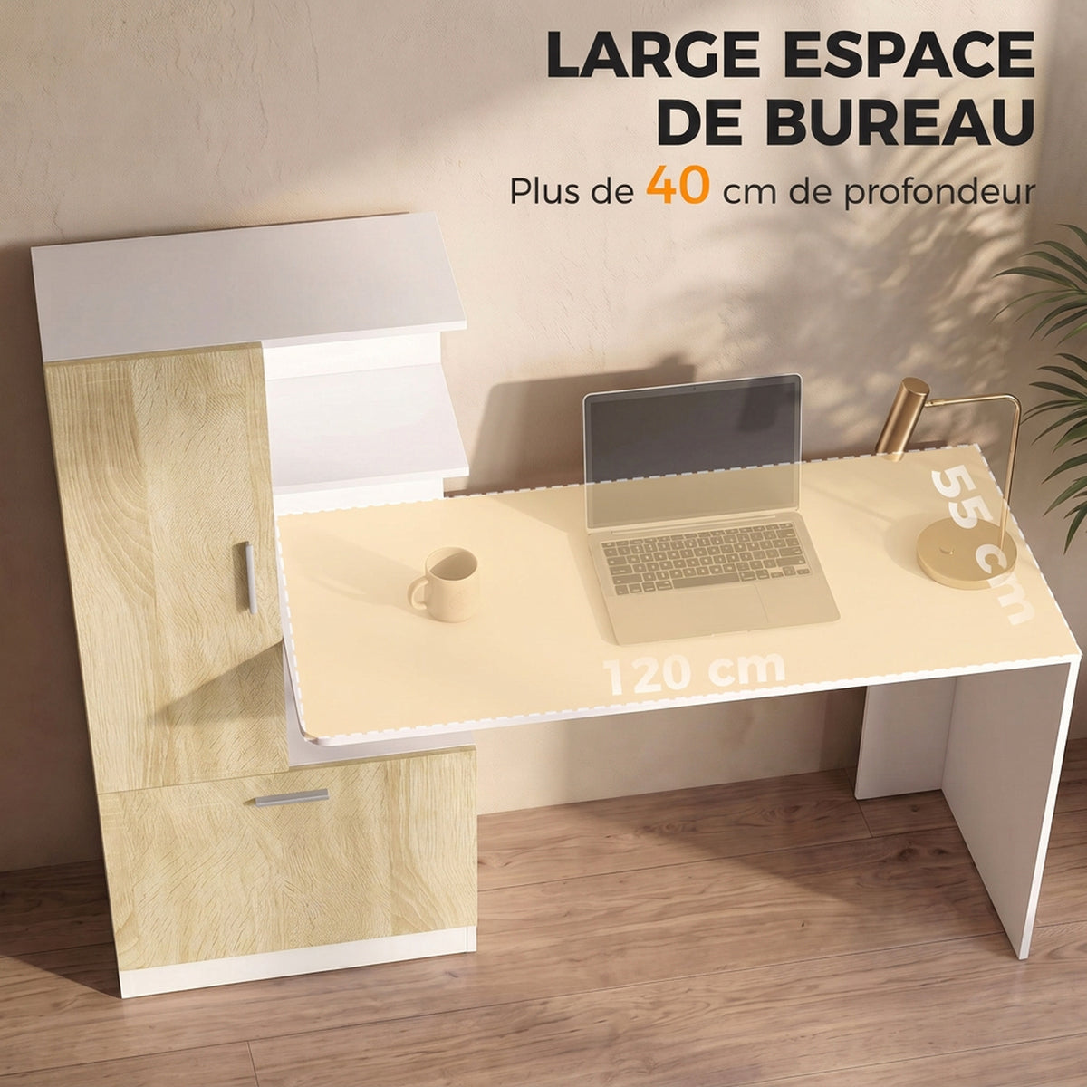 Bureau d'Ordinateur avec Bibliothèque, Bureau Informatique, Placard et Étagères Ouvertes, 150x55x122cm, Blanc et Naturel-4