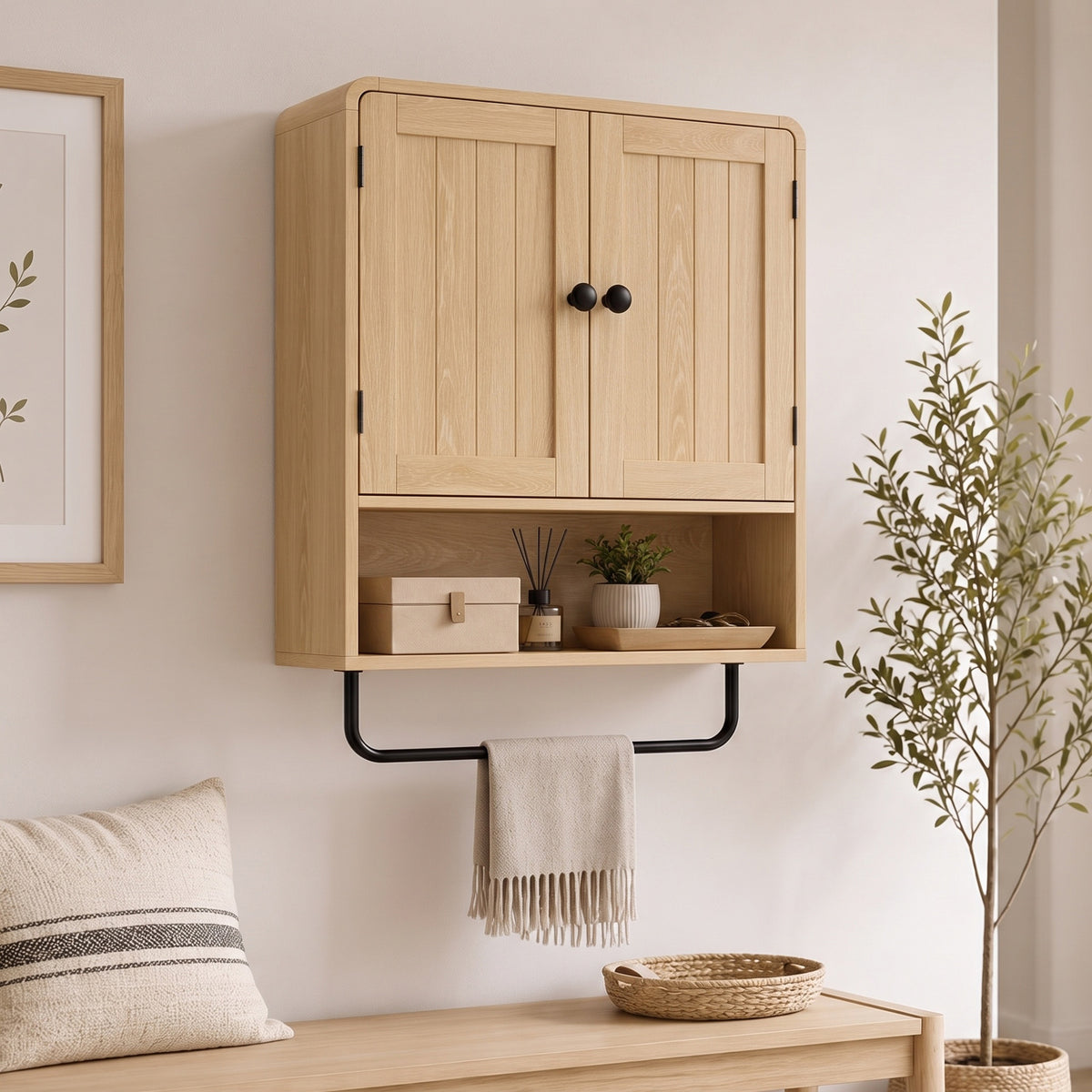 Armoire murale de salle de bain, meuble de rangement suspendu avec 2 portes, étagère ouverte, porte-serviettes, chêne-8
